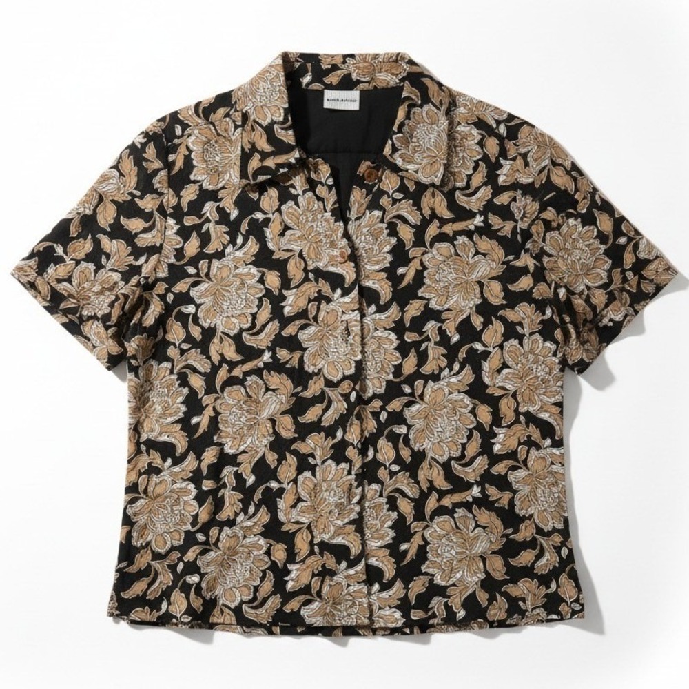 White Stag Floral Sequin Rayon Blouse Black Tan Short Sleeve Medium 8-10